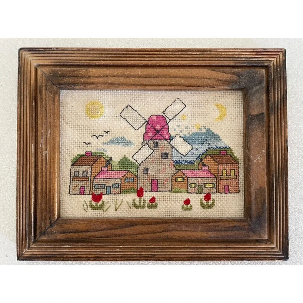 Windmill Houses Flowers Cross Stitch Finished Framed 9.5x7.5
